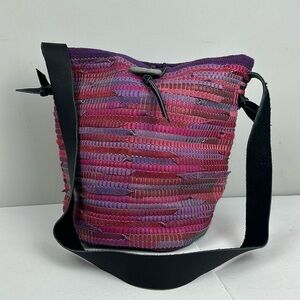 C.Mills Vintage Woven Leather Strips Multicolor Boho Hippie Bucket Bag